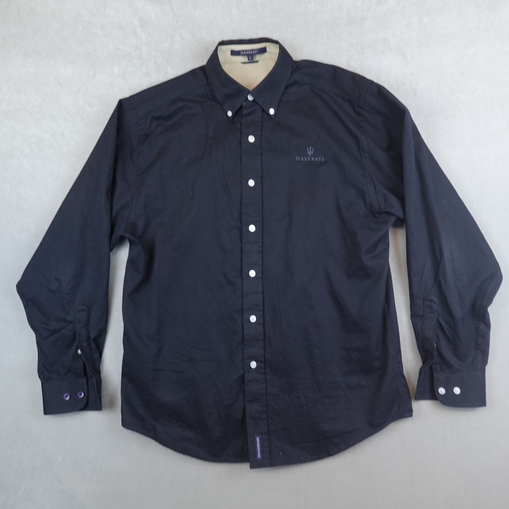 Maserati Shirt Long Sleeve Button Down Black Cotton Mens Medium Teflon Fabric